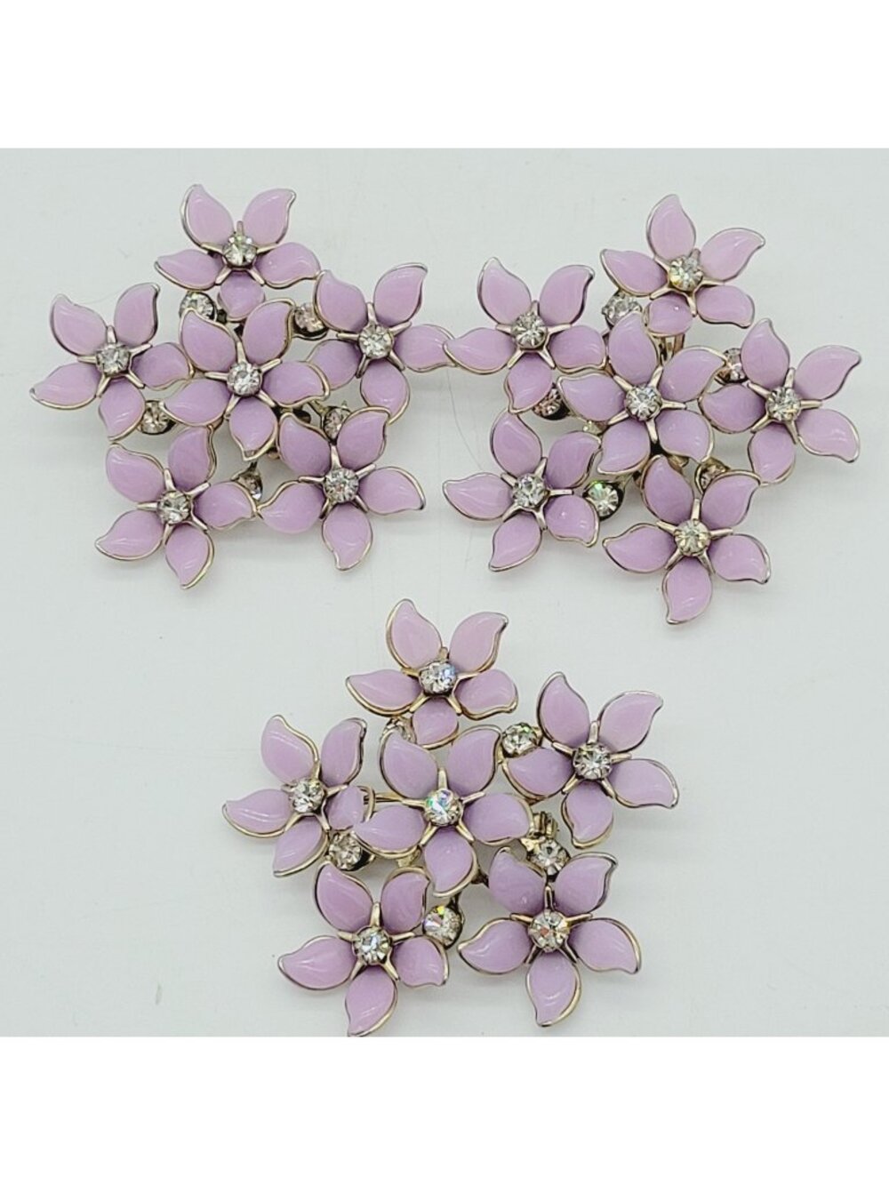 Vintage Thermoset Lavender Flower Clip On Earrings & Brooch Set Silver Tone 2"